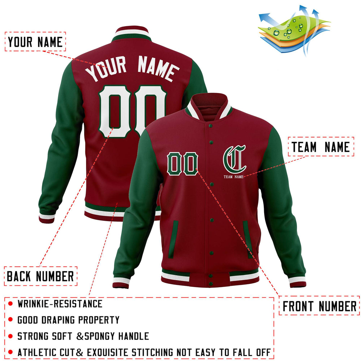 Custom Crimson Green Full-Snap Varsity Jackets Personalized Coats
