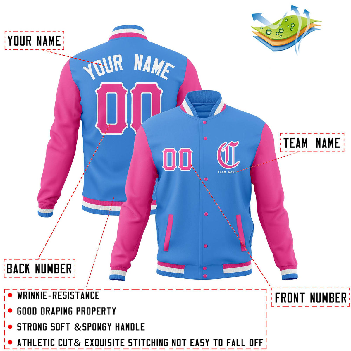 Custom Powder Blue Pink Full-Snap Letterman Jackets Personalized Coats Stitched Name Number