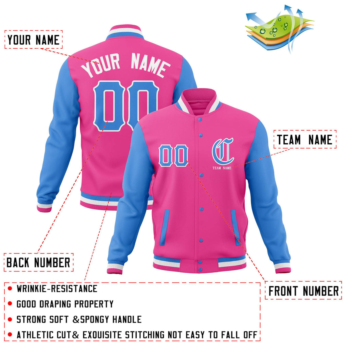 Custom Pink Powder Blue Full-Snap Letterman Jackets Personalized Coats Stitched Name Number