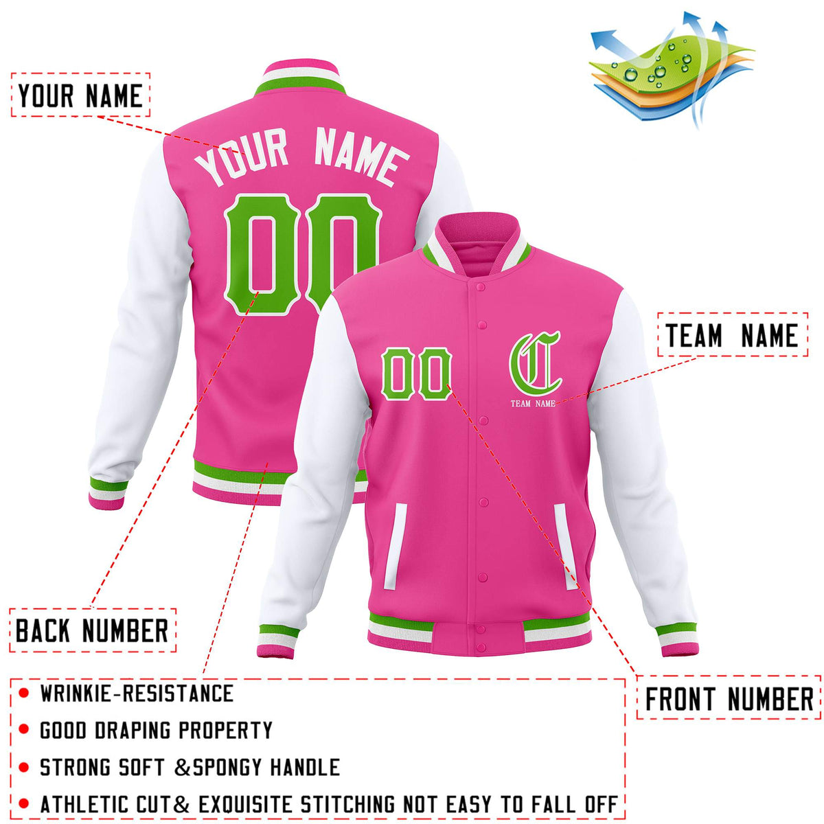Custom Pink White Green Full-Snap Letterman Jackets Personalized Cotton Blend Coats