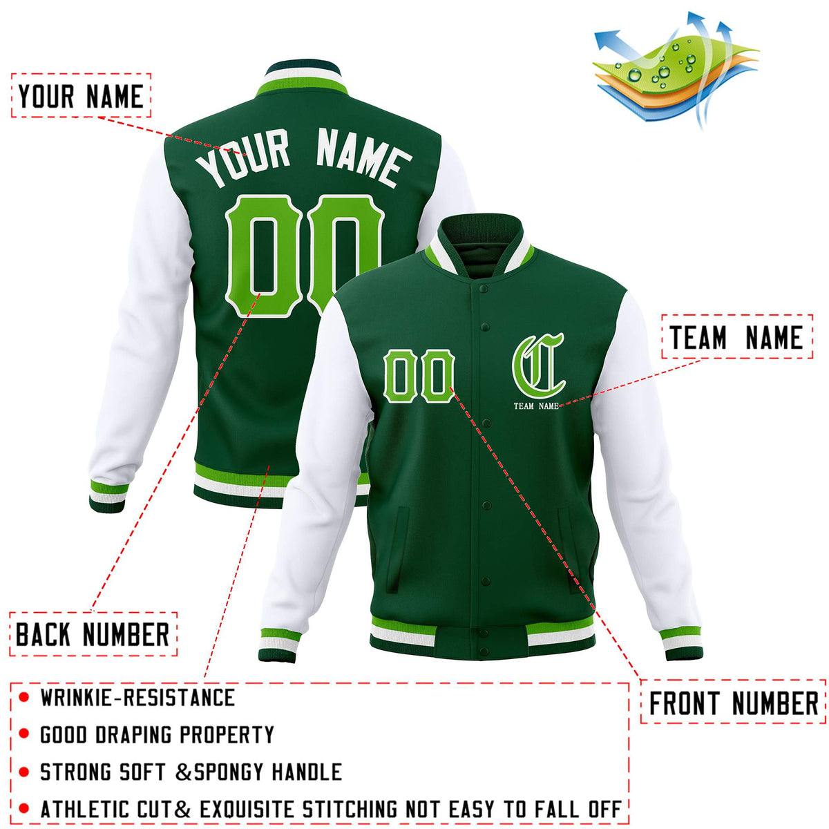 Custom Green White Full-Snap Varsity Jackets Stitched Name Number