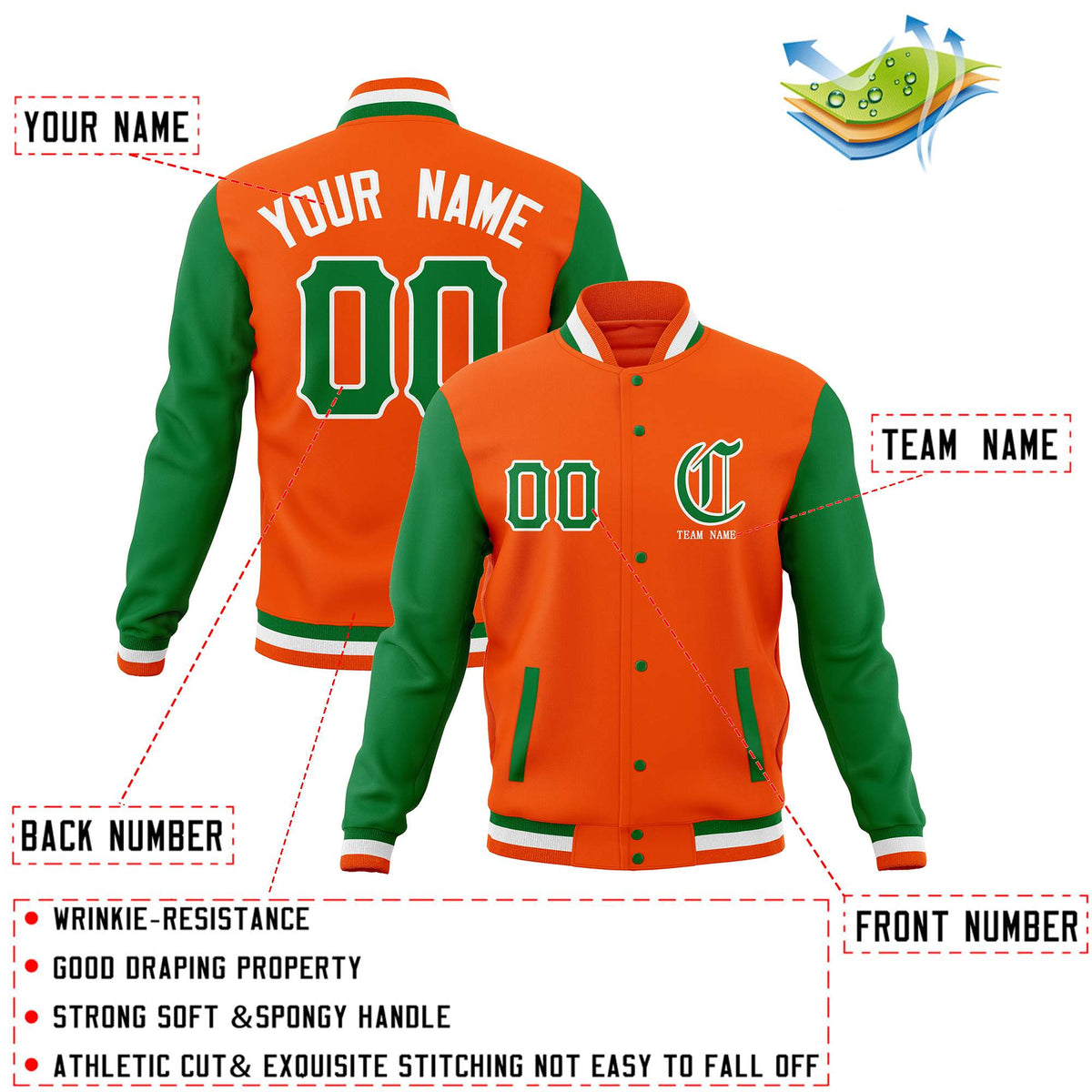 Custom Orange Kelly Green Full-Snap Letterman Jackets Personalized Coats Stitched Name Number