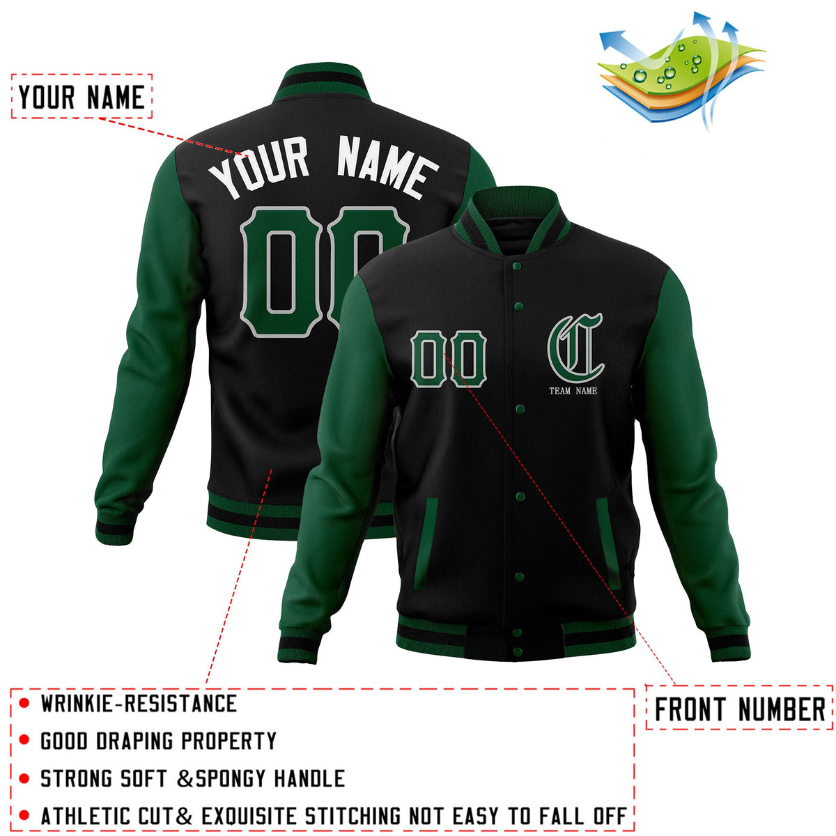 Custom Black Green Full-Snap Varsity Jackets Stitched Name Number