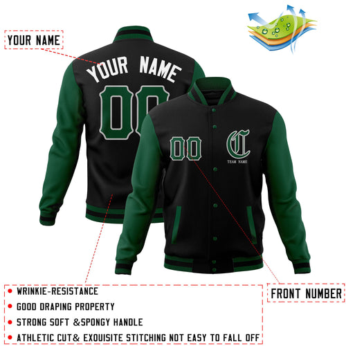 Custom Black Green Full-Snap Varsity Jackets Stitched Name Number