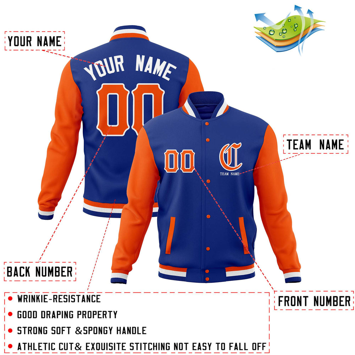 Custom Royal Orange Full-Snap Letterman Jackets Personalized Coats Stitched Name Number