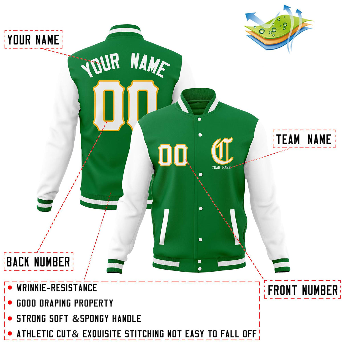Custom Kelly Green White Full-Snap Varsity Jackets Personalized Coats