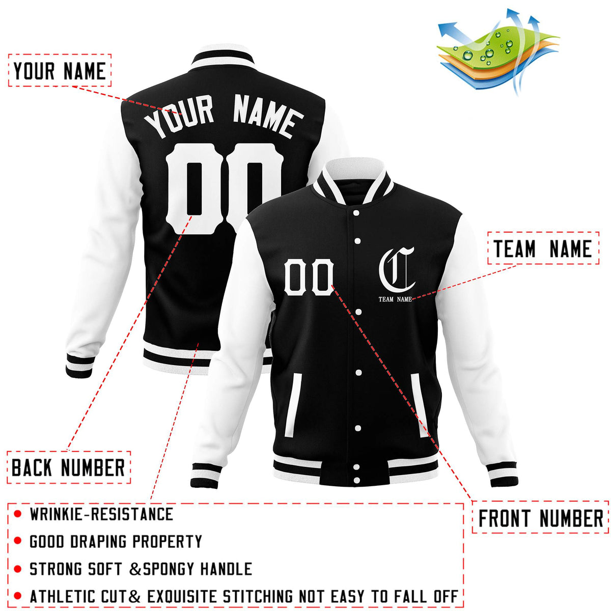 Custom Black White Full-Snap Varsity Jackets Personalized Coats