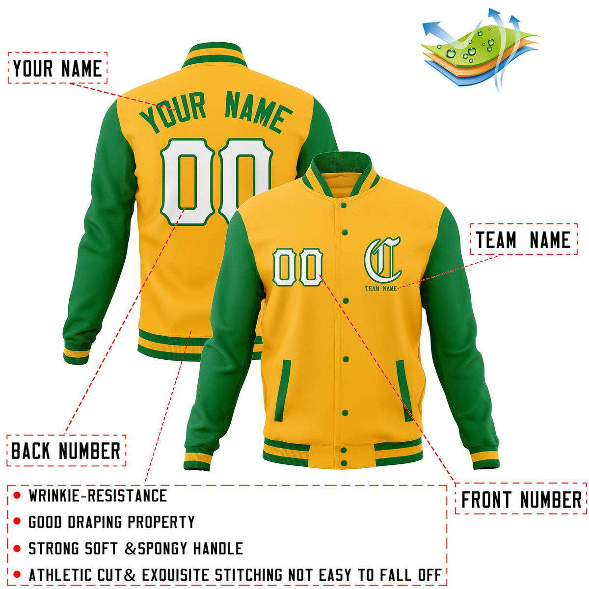 Custom Gold Kelly Green Full-Snap Varsity Jackets Stitched Name Number