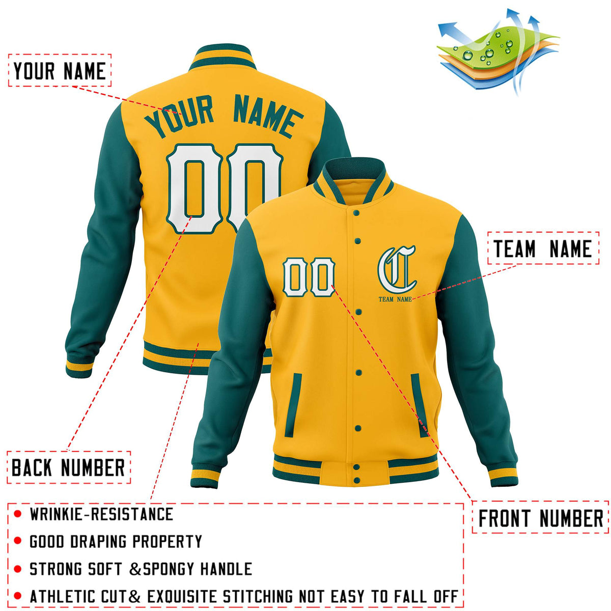 Custom Gold Midnight Green Full-Snap Varsity Jackets Personalized Coats