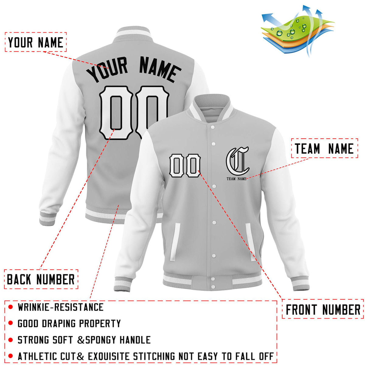 Custom Gray White Full-Snap Varsity Jackets Stitched Name Number