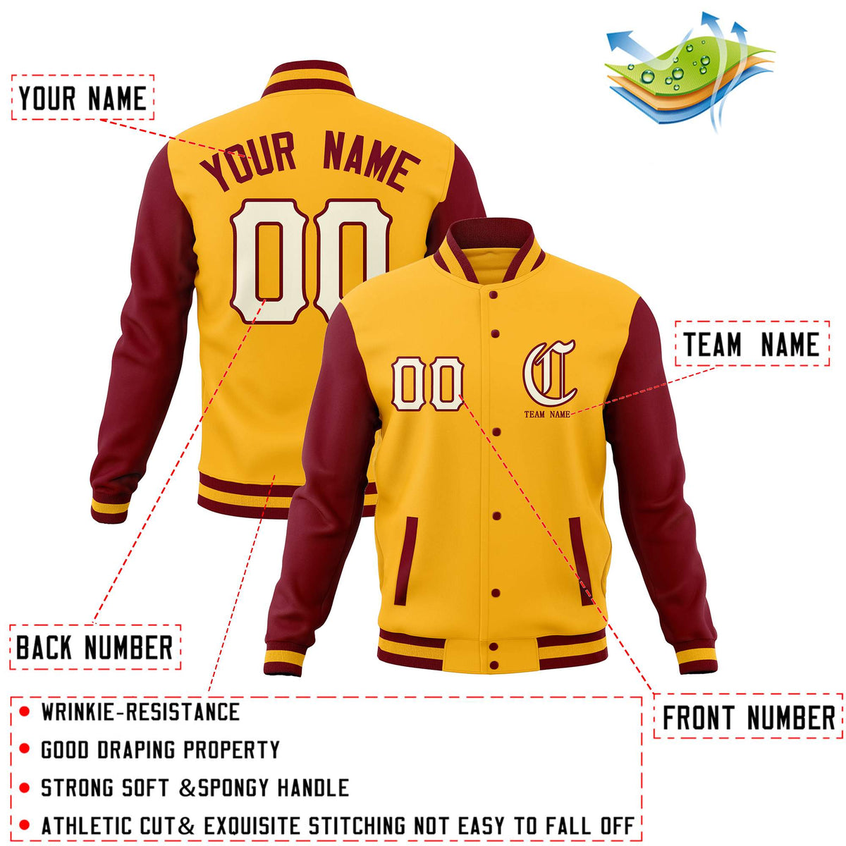 Custom Gold Crimson Full-Snap Varsity Jackets Personalized Coats