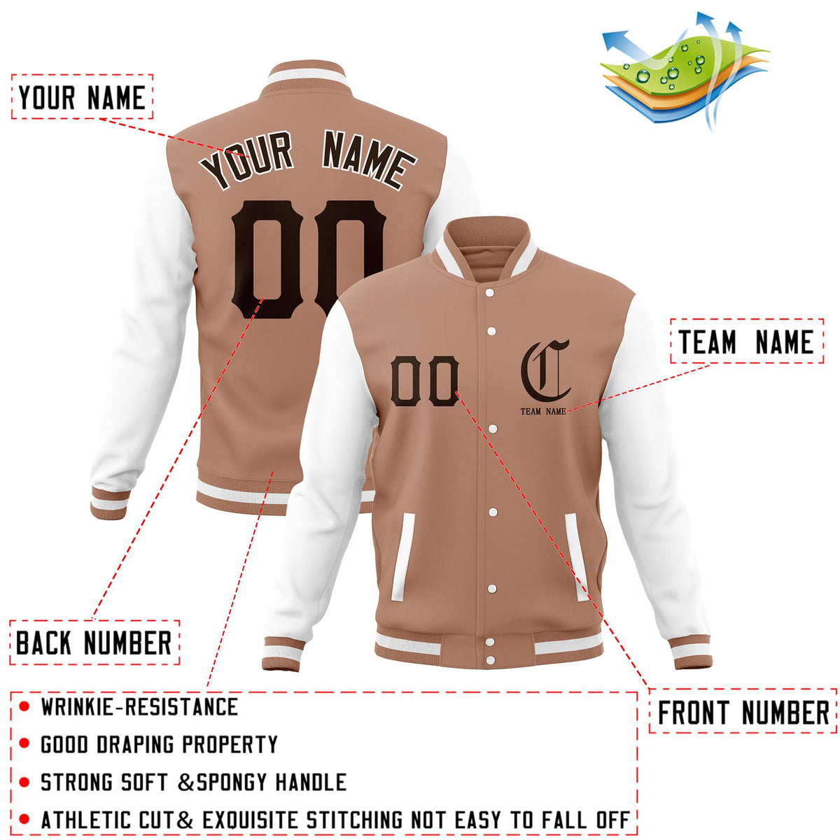 Custom Brown White Full-Snap Varsity Jackets Personalized Coats