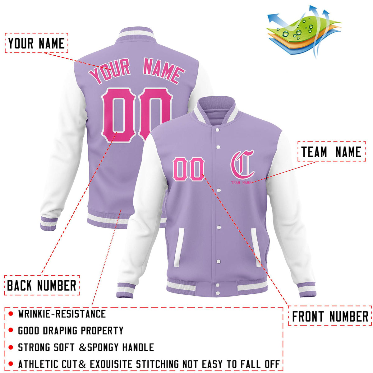 Custom Light Purple White Full-Snap Letterman Jackets Personalized Cotton Blend Coats