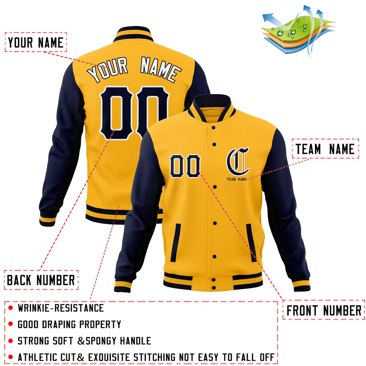 Custom Gold Black Full-Snap Letterman Jackets Personalized Coats Stitched Name Number