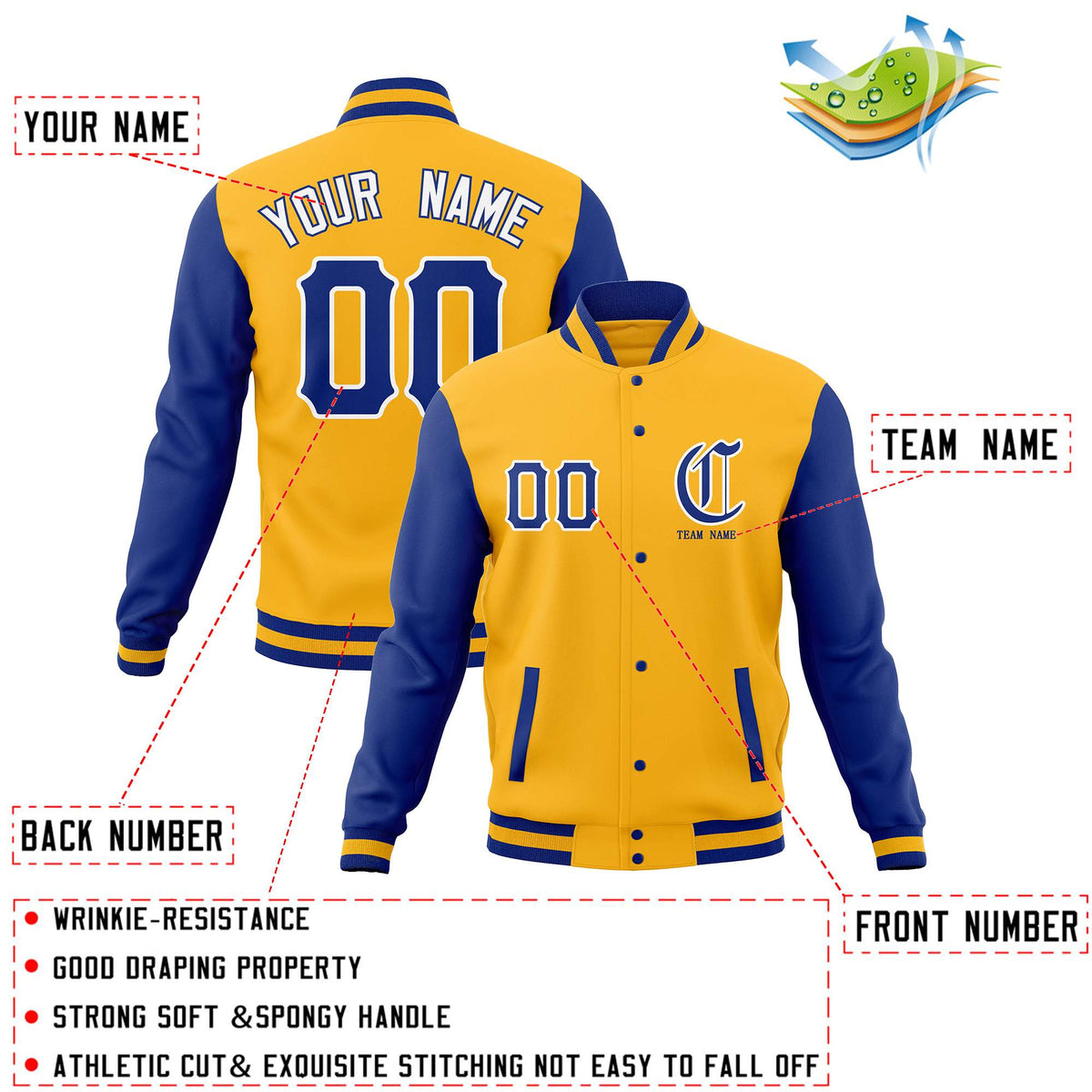 Custom Gold Royal Full-Snap Letterman Jackets Personalized Coats Stitched Name Number