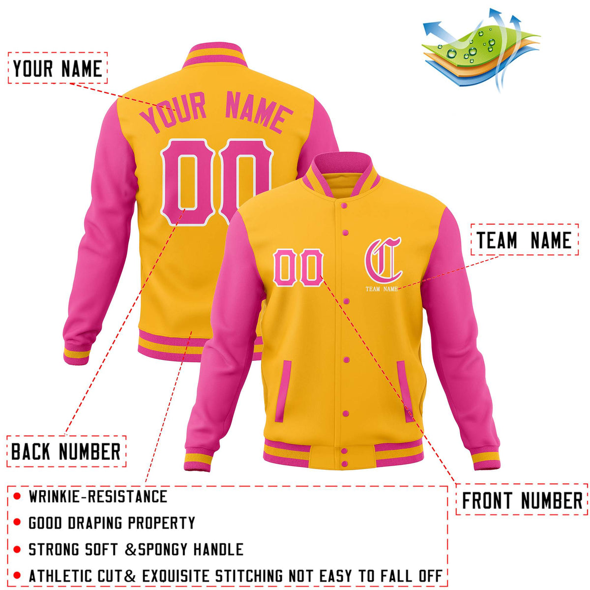 Custom Gold Pink Full-Snap Letterman Jackets Personalized Cotton Blend Coats