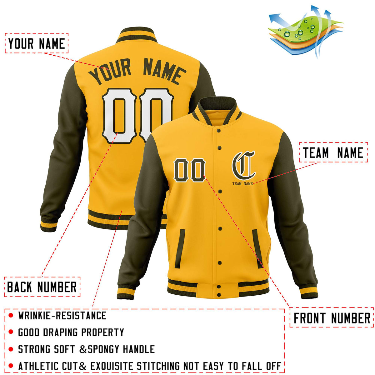 Custom Gold Olive Full-Snap Varsity Letterman Jackets Personalized Baseball Coats