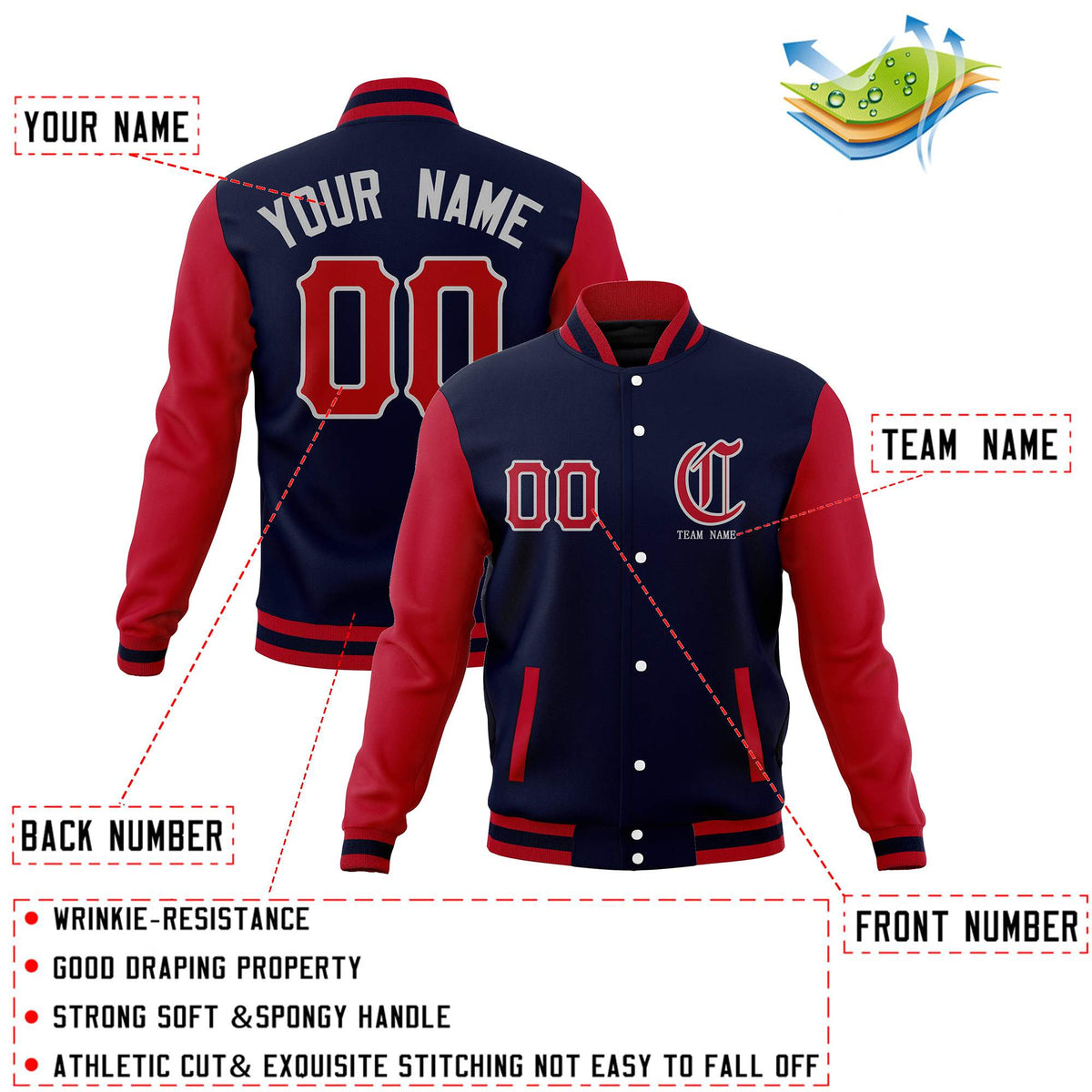 Custom Navy Red Full-Snap Varsity Letterman Jackets Personalized Baseball Coats