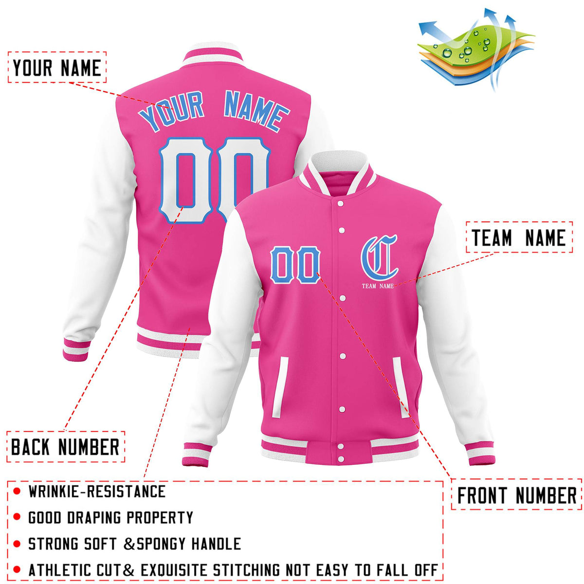 Custom Pink White Powder Blue Full-Snap Letterman Jackets Personalized Cotton Blend Coats