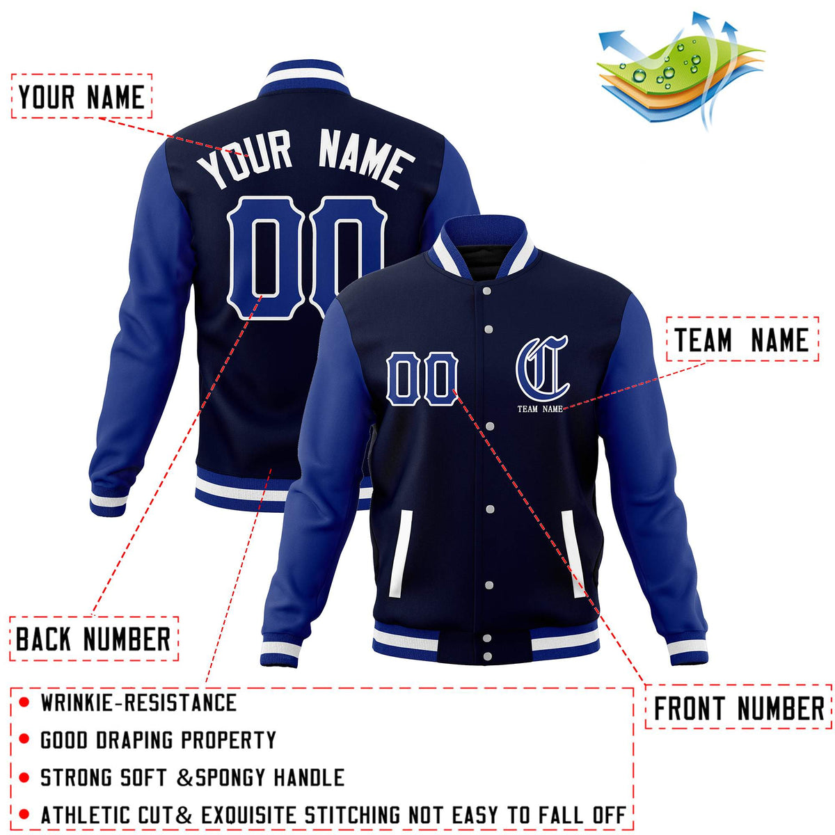 Custom Navy Royal Full-Snap Varsity Jackets Stitched Name Number