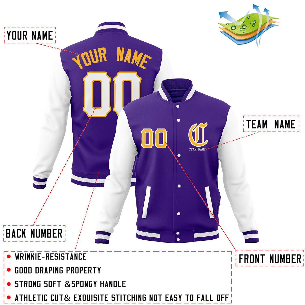 Custom Purple White Full-Snap Varsity Jackets Stitched Name Number