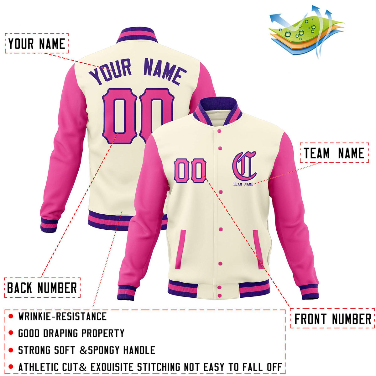 Custom Cream Pink Full-Snap Letterman Jackets Personalized Cotton Blend Coats