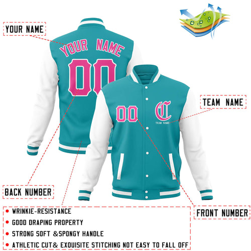 Custom Aqua White Full-Snap Varsity Letterman Jackets Personalized Baseball Coats
