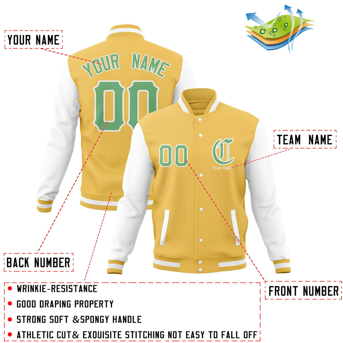 Custom Yellow White Full-Snap Letterman Jackets Personalized Cotton Blend Coats