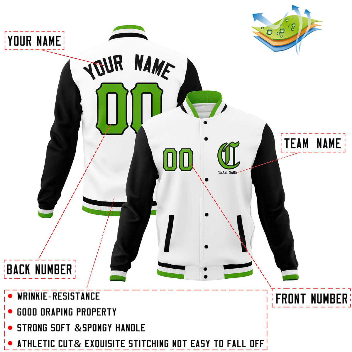 Custom White Black Full-Snap Varsity Jackets Personalized Coats