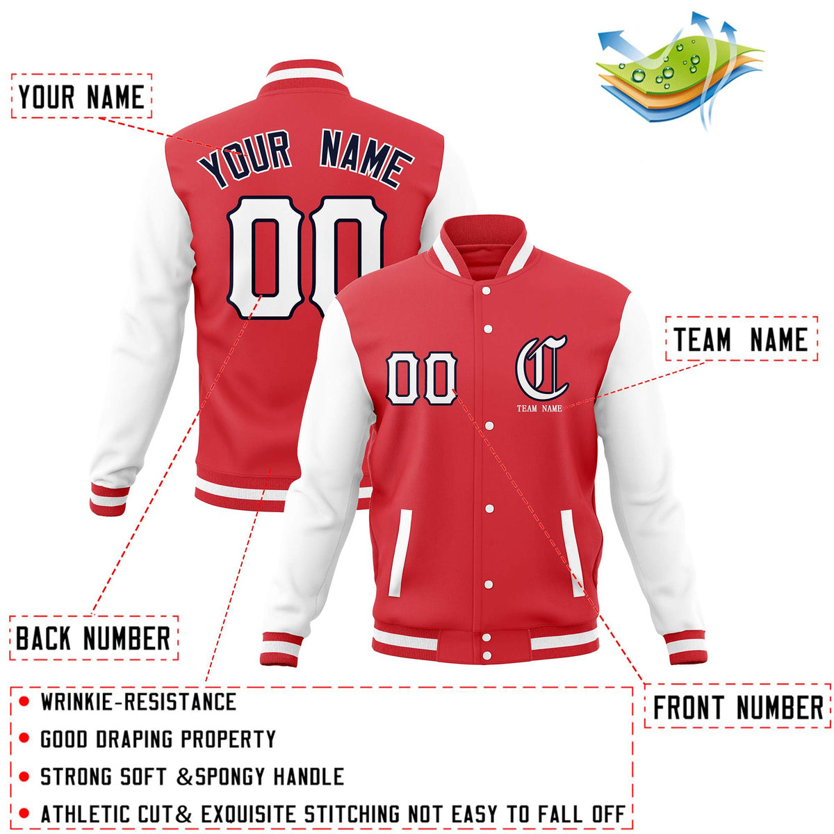 Custom Red White Full-Snap Varsity Jackets Stitched Name Number