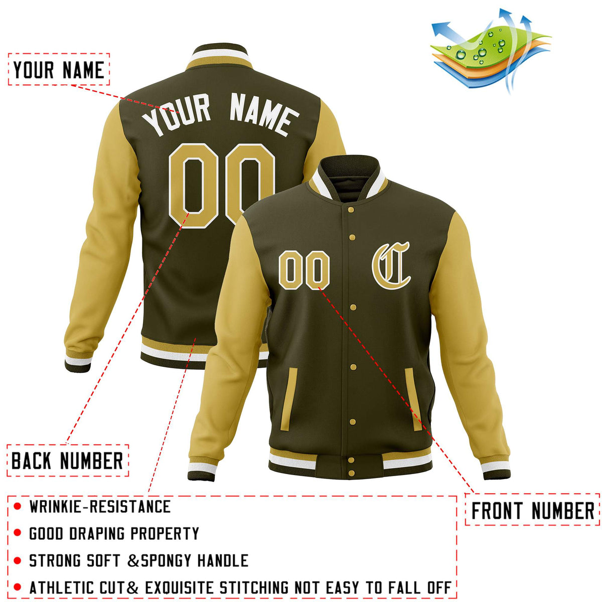 Custom Olive Old Gold Letterman Jackets Personalized Full-Snap Stitched Coats for Men Women