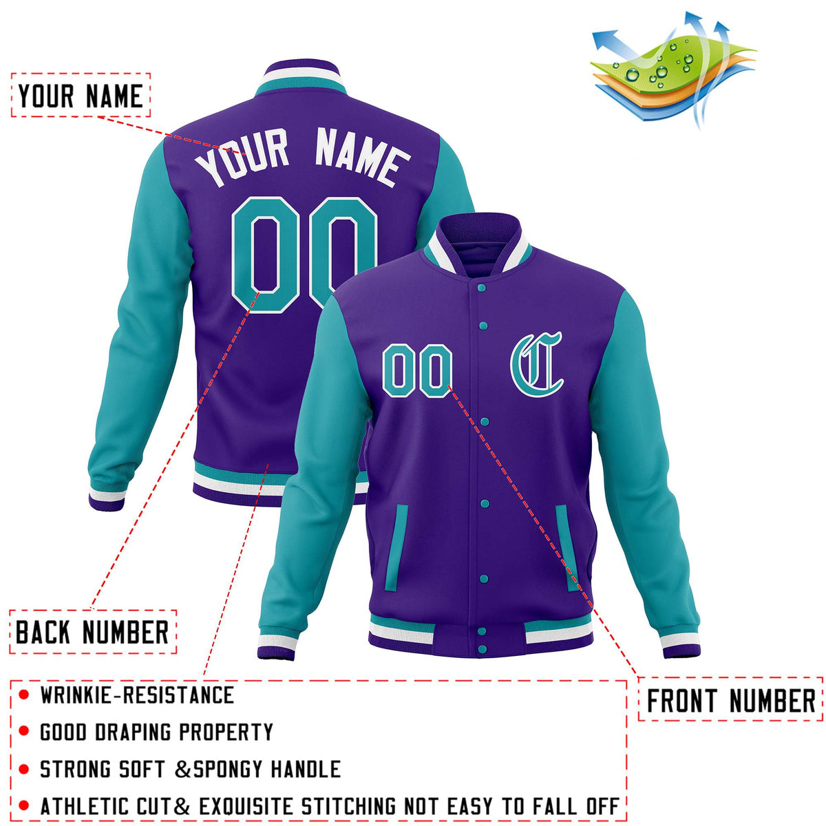Custom Purple Aqua Letterman Jackets Personalized Full-Snap with Contrast Sleeves