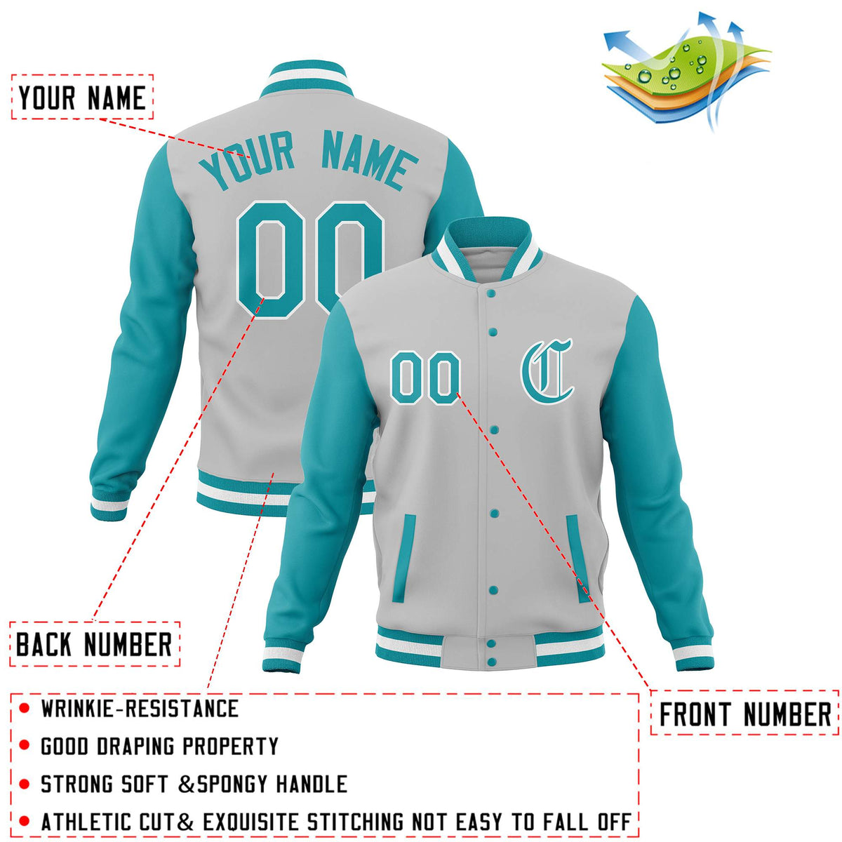 Custom Gray Aqua Letterman Jackets Personalized Full-Snap Stitched Coats for Adults