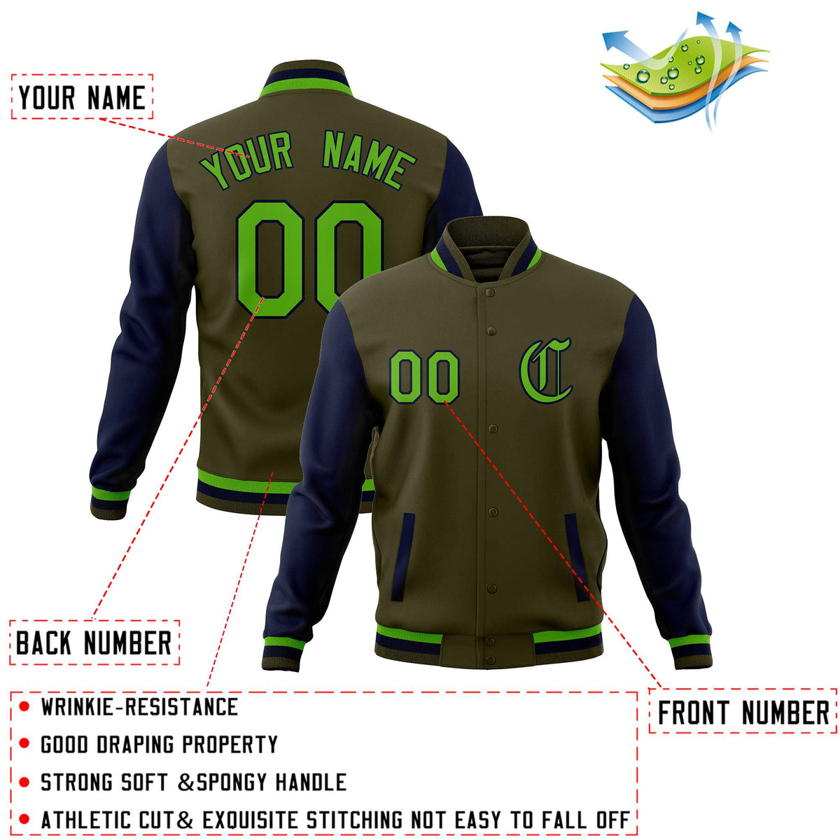 Custom Olive Navy Letterman Jackets Personalized Full-Snap Stitched Coats for Adults