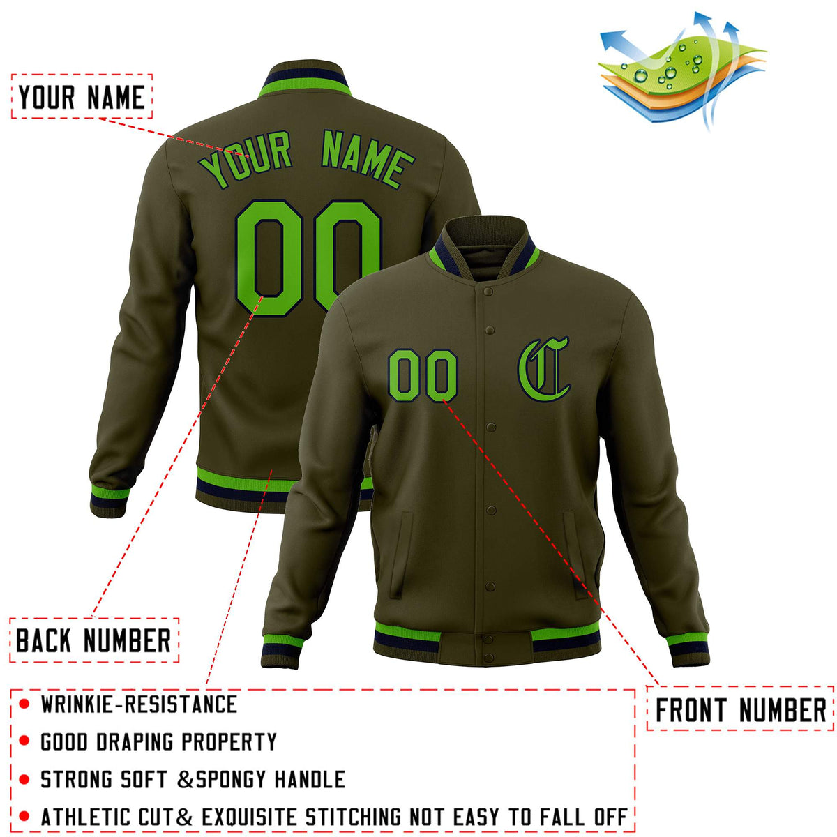 Custom Olive Green Letterman Jackets Personalized Full-Snap with Contrast Sleeves