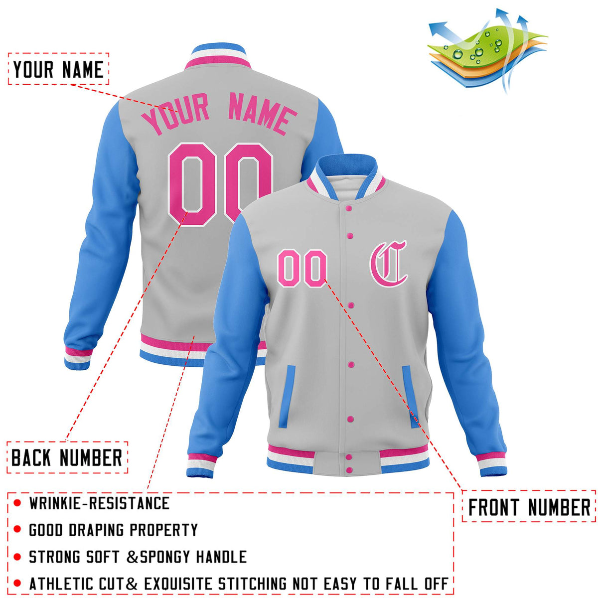 Custom Gray Powder Blue Letterman Jackets Personalized Full-Snap Stitched Coats for Men Women