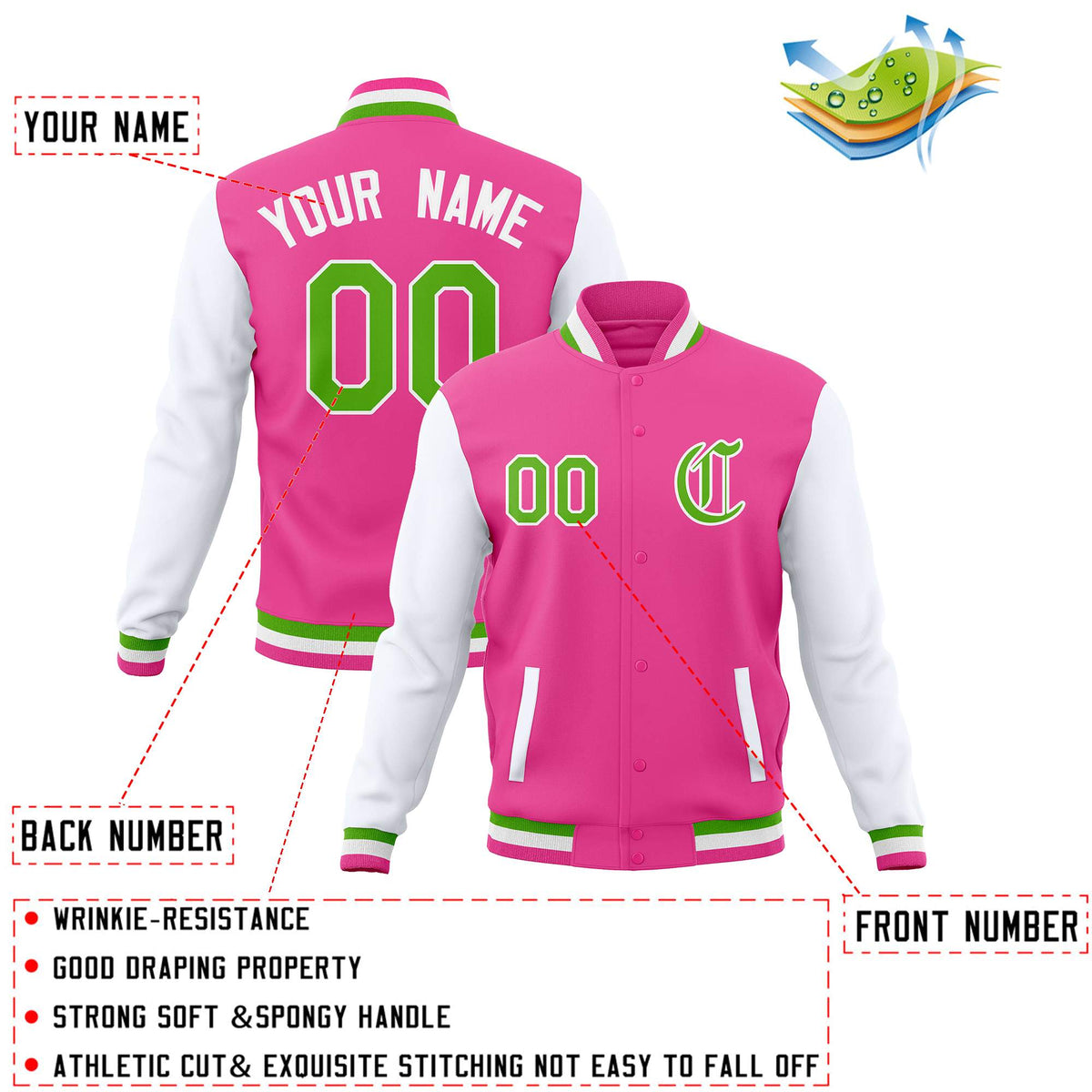 Custom Pink White Full-Snap Baseball Coats Personalized Varsity Letterman Jackets with Contrast Sleeves