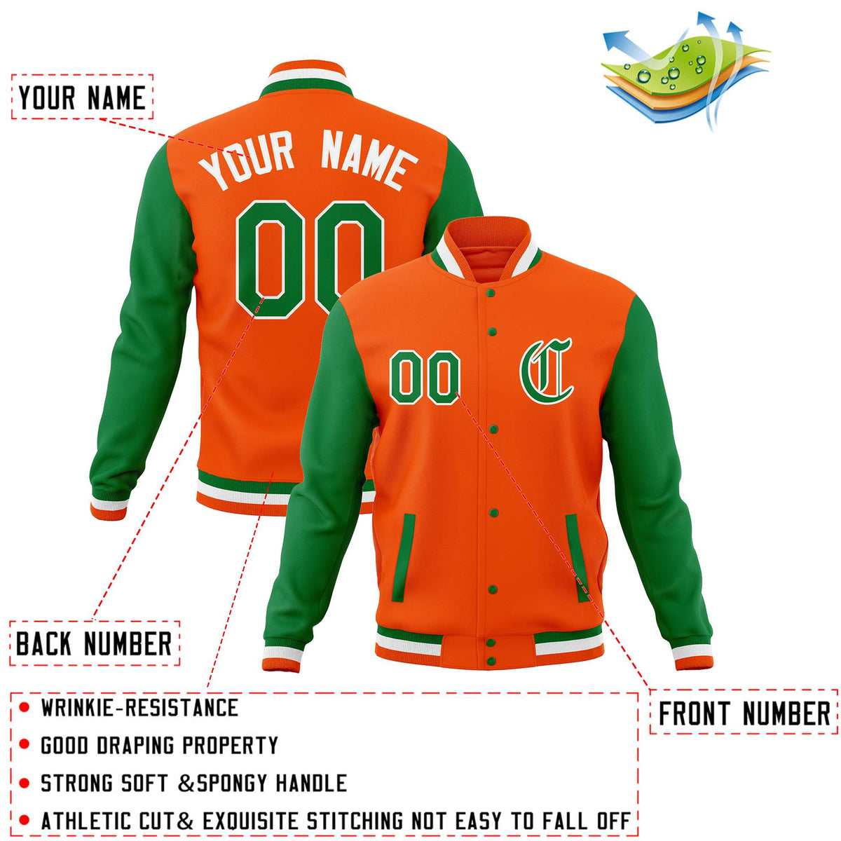Custom Orange Kelly Green Full-Snap Baseball Coats Personalized Varsity Letterman Jackets with Contrast Sleeves