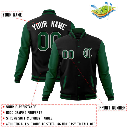 Custom Black Green Full-Snap Baseball Coats Personalized Varsity Letterman Jackets with Contrast Sleeves
