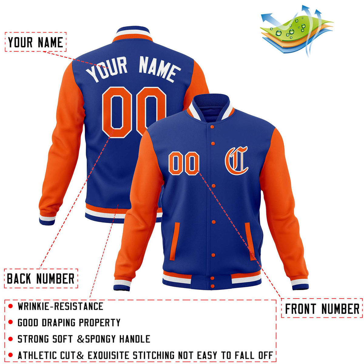 Custom Royal Orange Full-Snap Baseball Coats Personalized Varsity Letterman Jackets with Contrast Sleeves