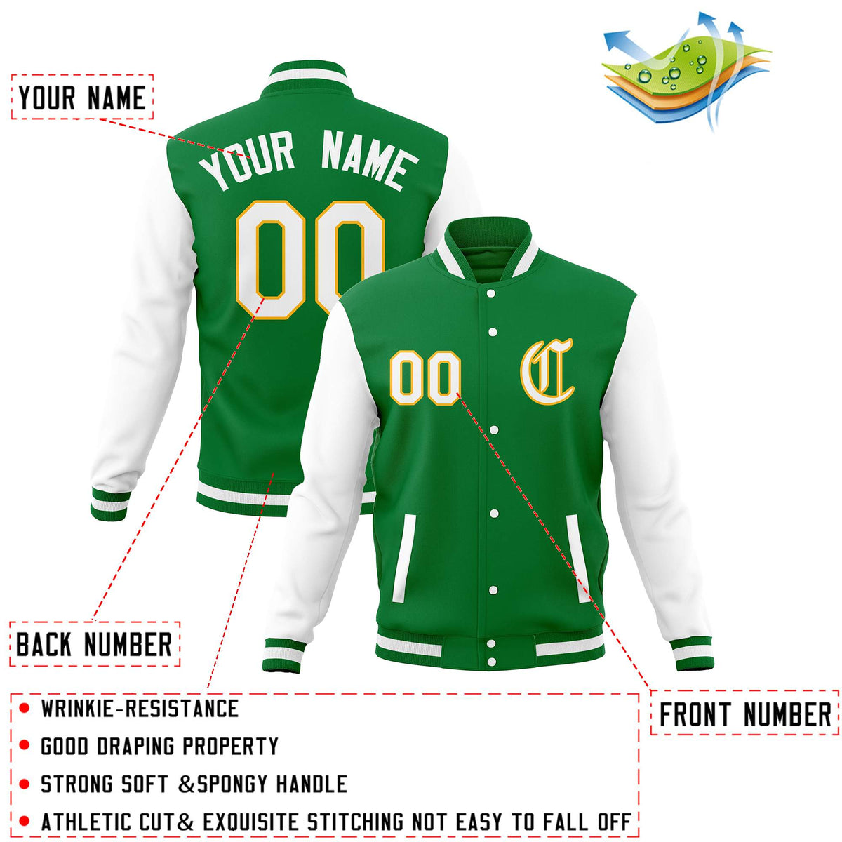Custom Kelly Green White Letterman Jackets Personalized Full-Snap with Contrast Sleeves
