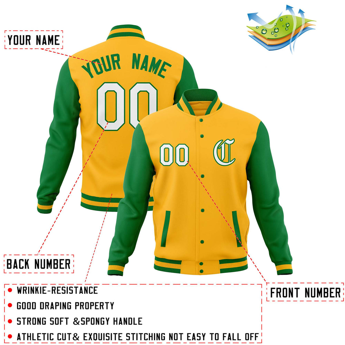 Custom Gold Kelly Green Letterman Jackets Personalized Full-Snap Stitched Coats for Men Women