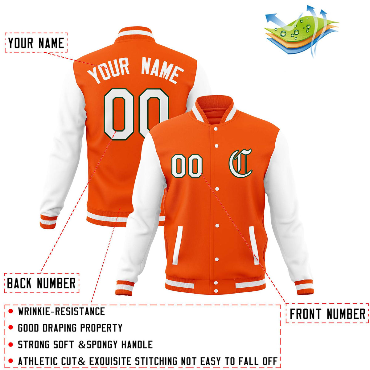 Custom Orange White Letterman Jackets Personalized Full-Snap Stitched Coats for Adults