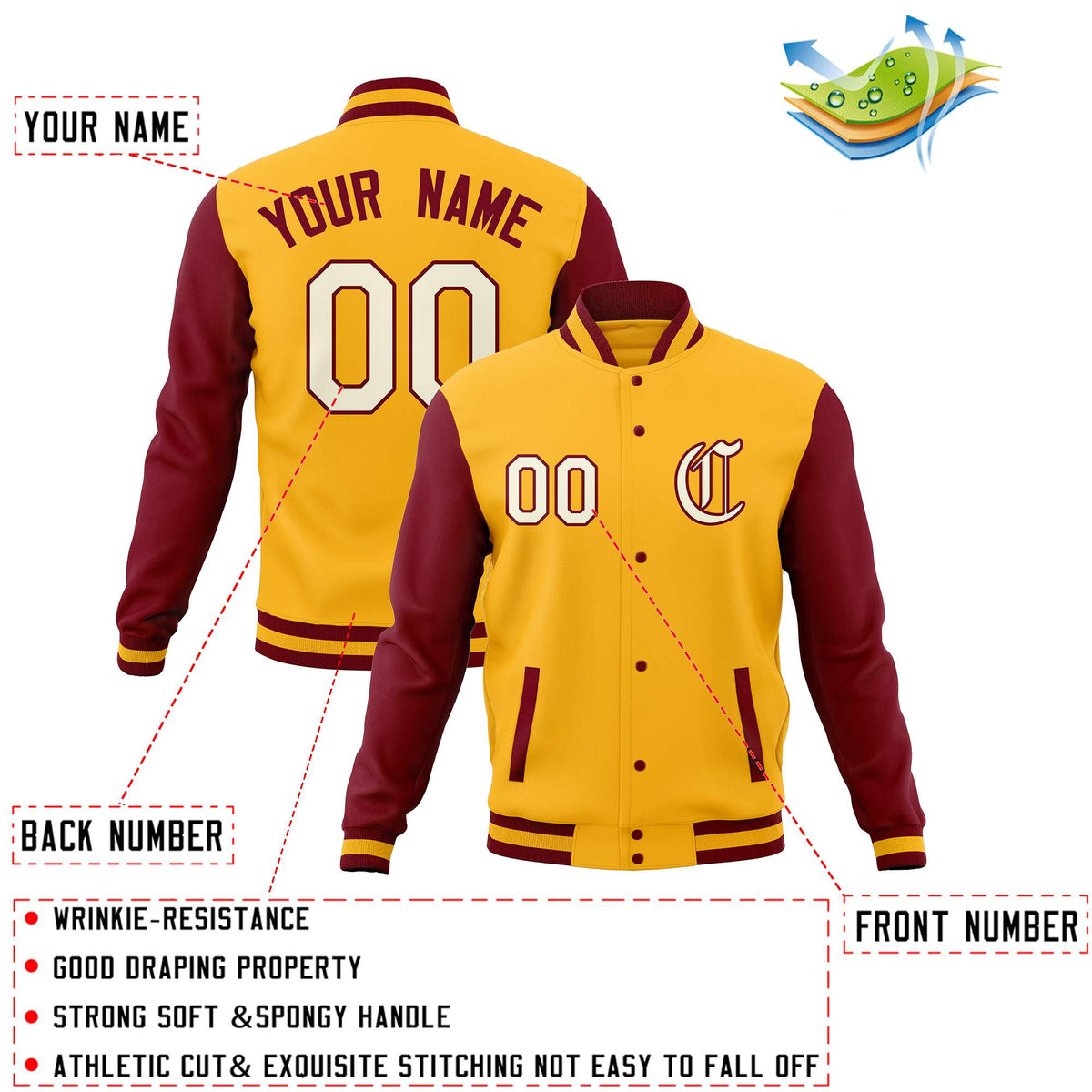 Custom Gold Crimson Letterman Jackets Personalized Full-Snap Stitched Coats for Adults