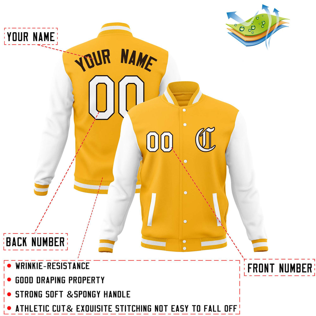 Custom Gold White Letterman Jackets Personalized Full-Snap Stitched Coats for Men Women