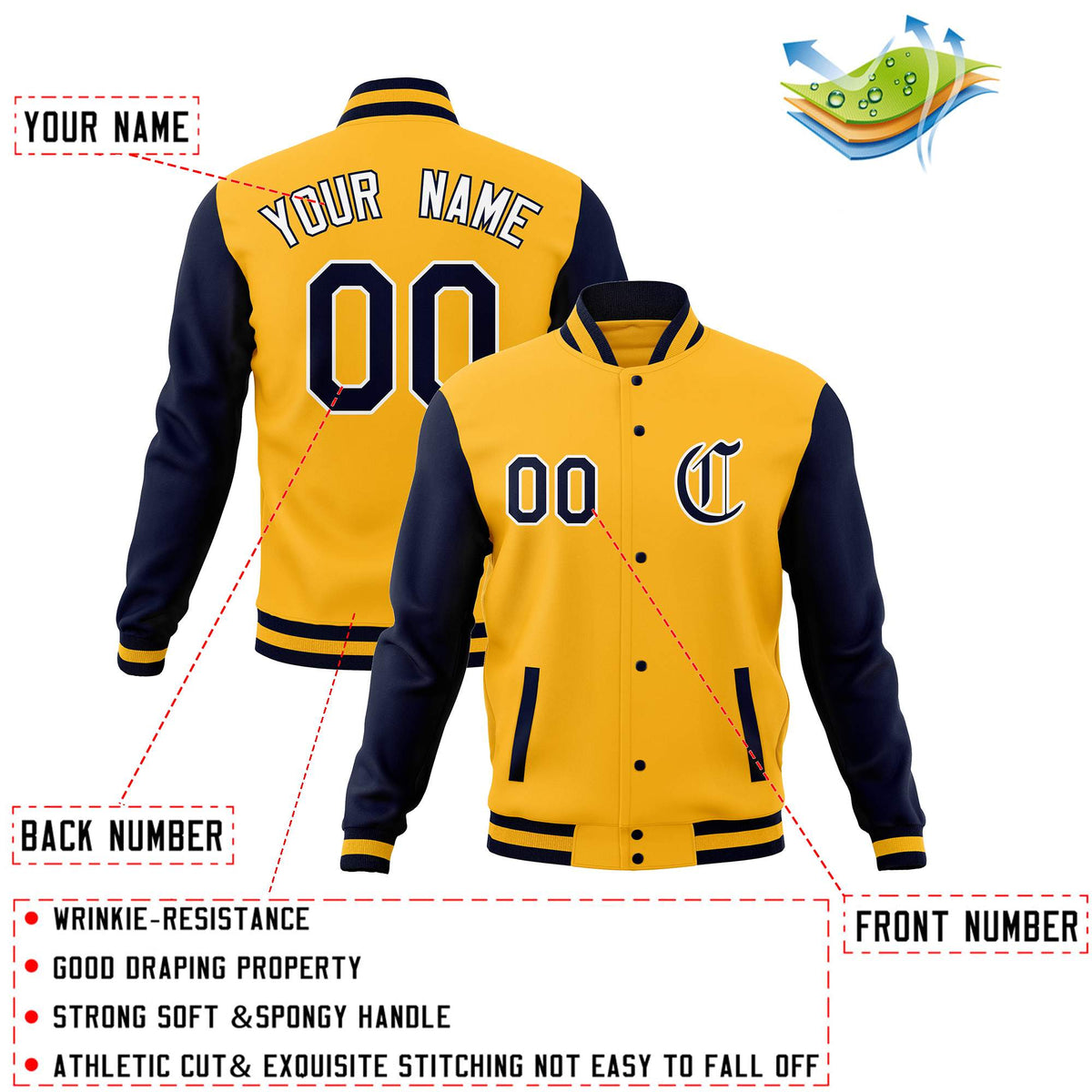 Custom Gold Black Letterman Jackets Personalized Full-Snap with Contrast Sleeves