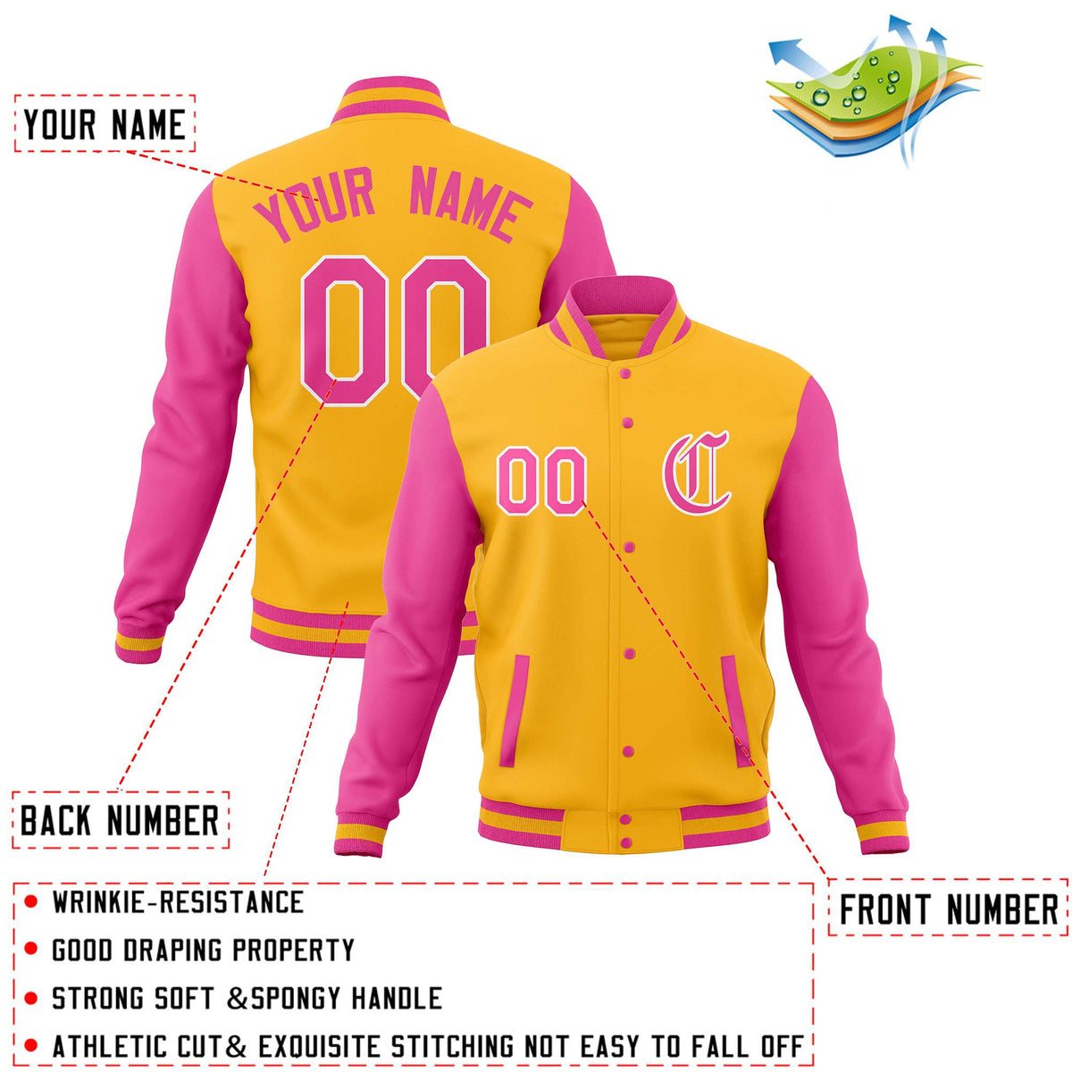 Custom Gold Pink Full-Snap Baseball Coats Personalized Varsity Letterman Jackets with Contrast Sleeves