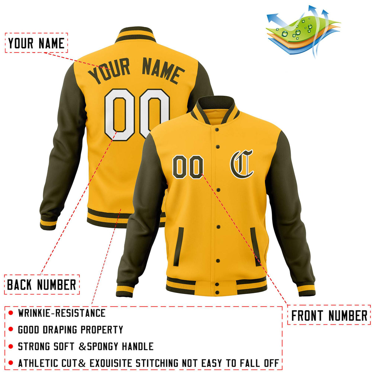 Custom Gold Olive Letterman Jackets Personalized Full-Snap Stitched Coats for Men Women