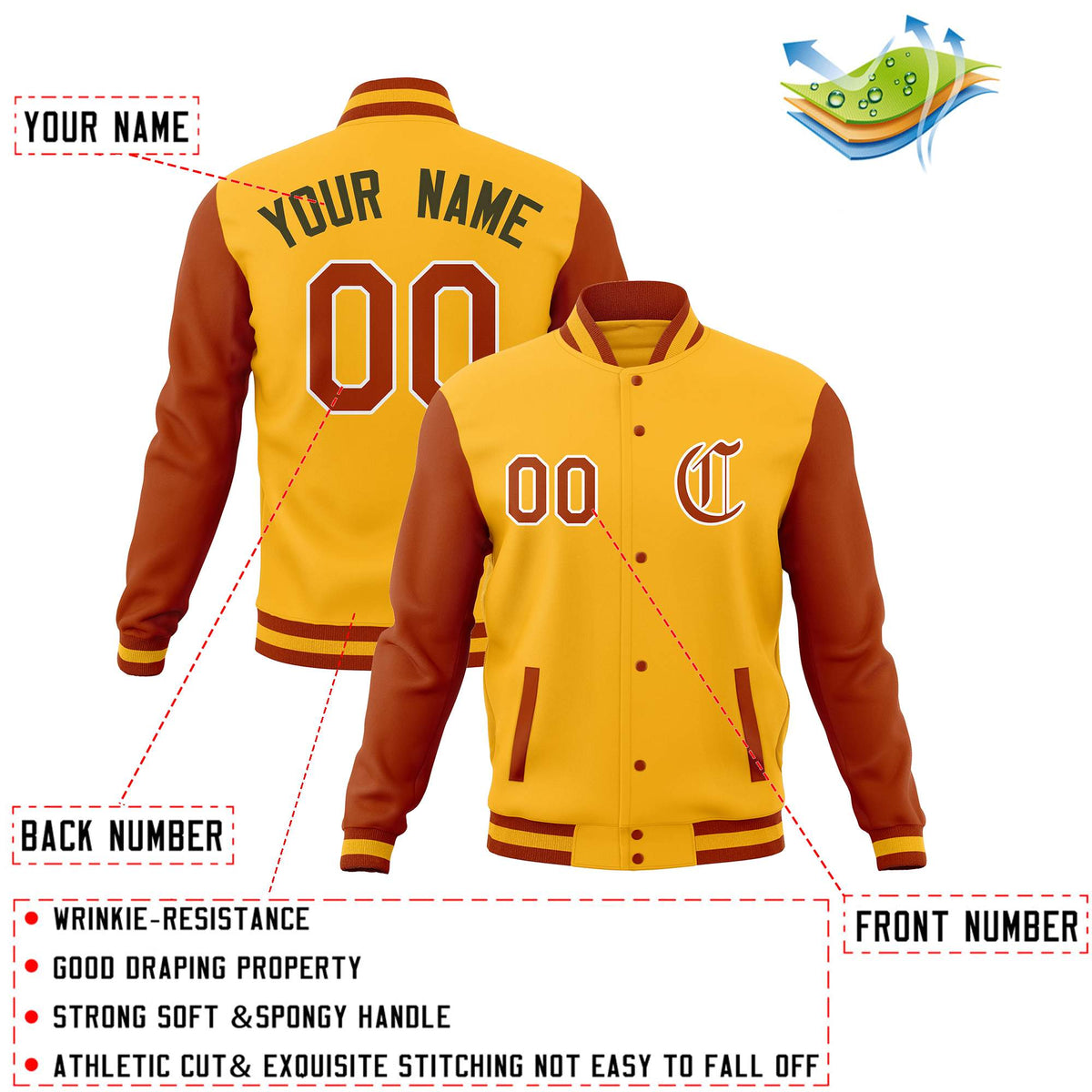 Custom Gold Orange Letterman Jackets Personalized Full-Snap Stitched Coats for Adults