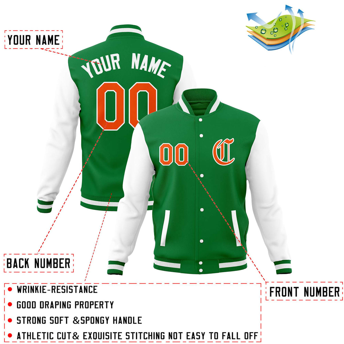 Custom Kelly Green White Letterman Jackets Personalized Full-Snap Stitched Coats for Adults